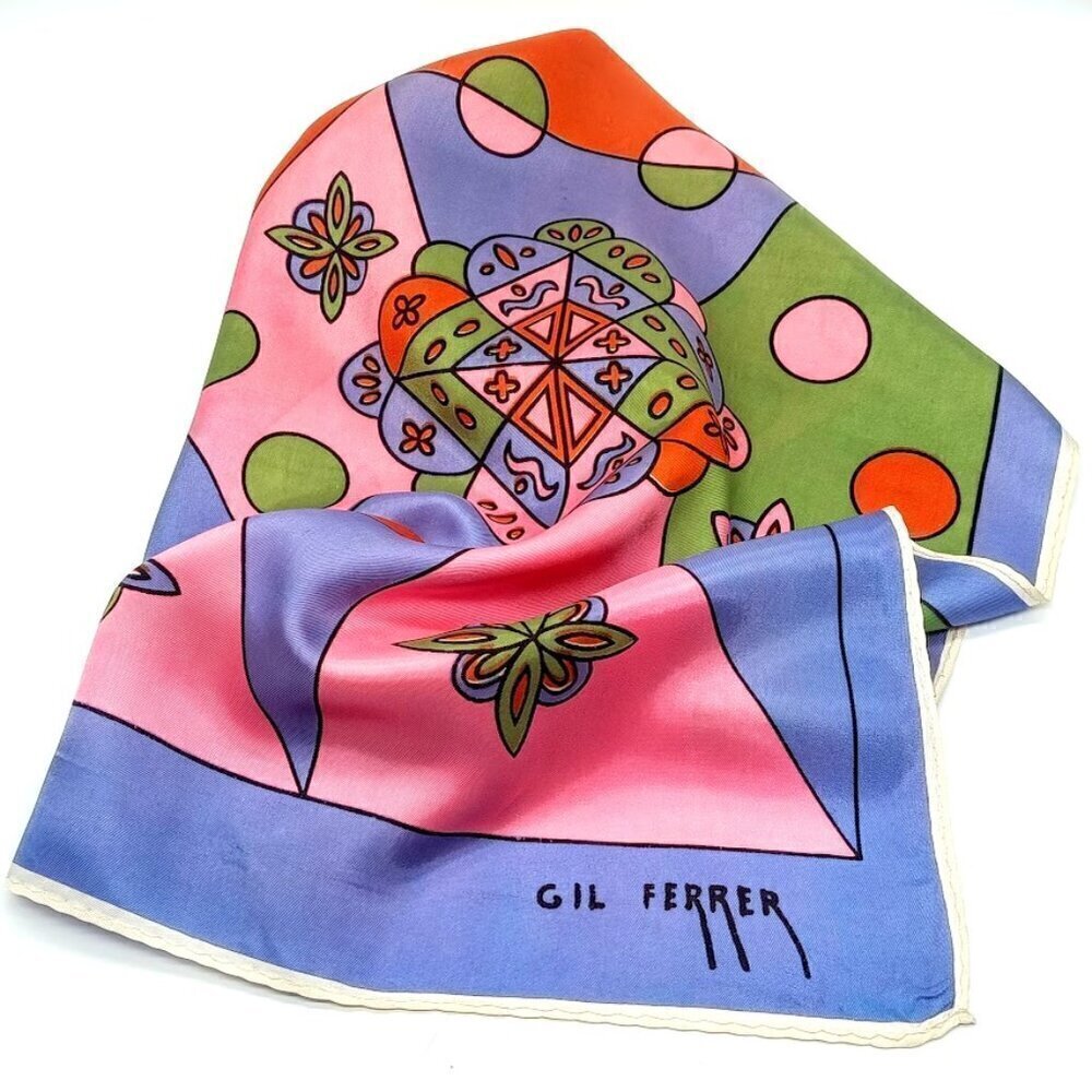 Vintage Gil Ferrer Blue Green Orange Pink Oblong Silk Scarf